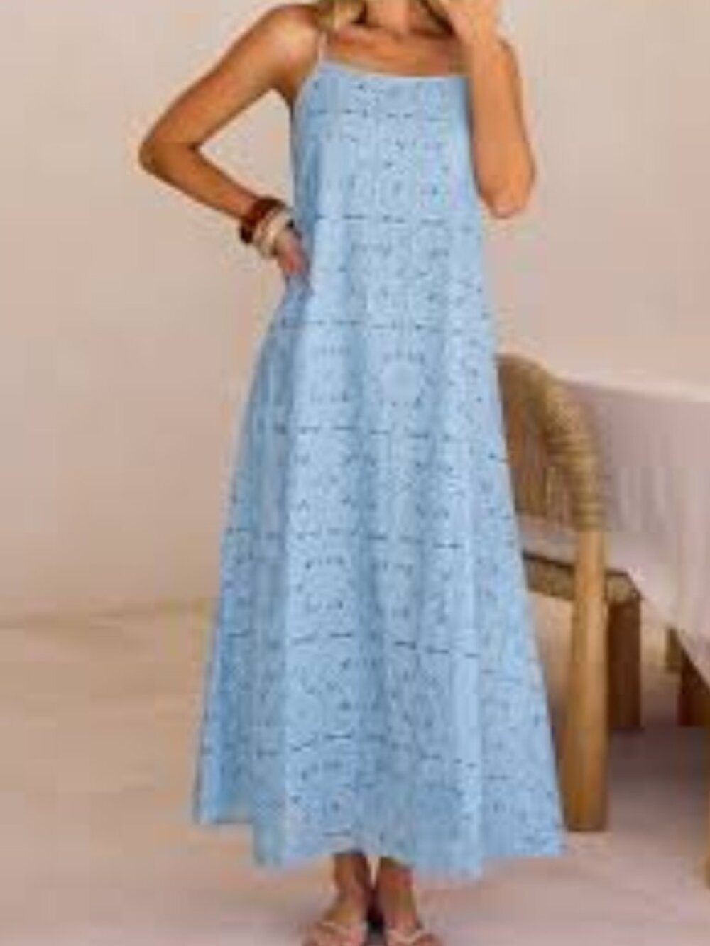 MEROKEETY Summer Spaghetti Maxi Dress Floral Lace Eyelet Blue S